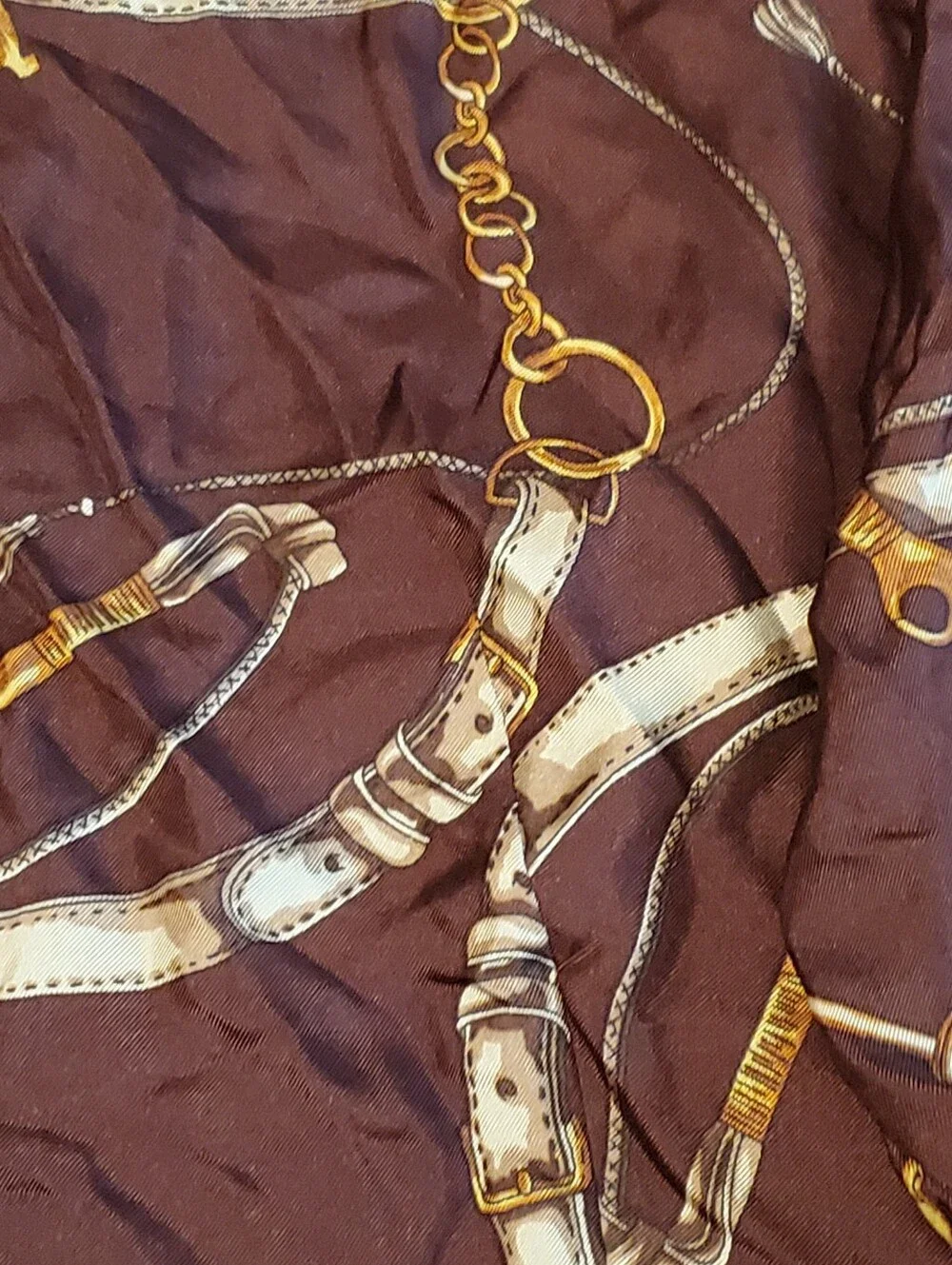 Talbots 100% Silk Charmeuse Blouse Brown Gold Equestrian Chain Bit Print Sz 16 - Picture 3 of 8